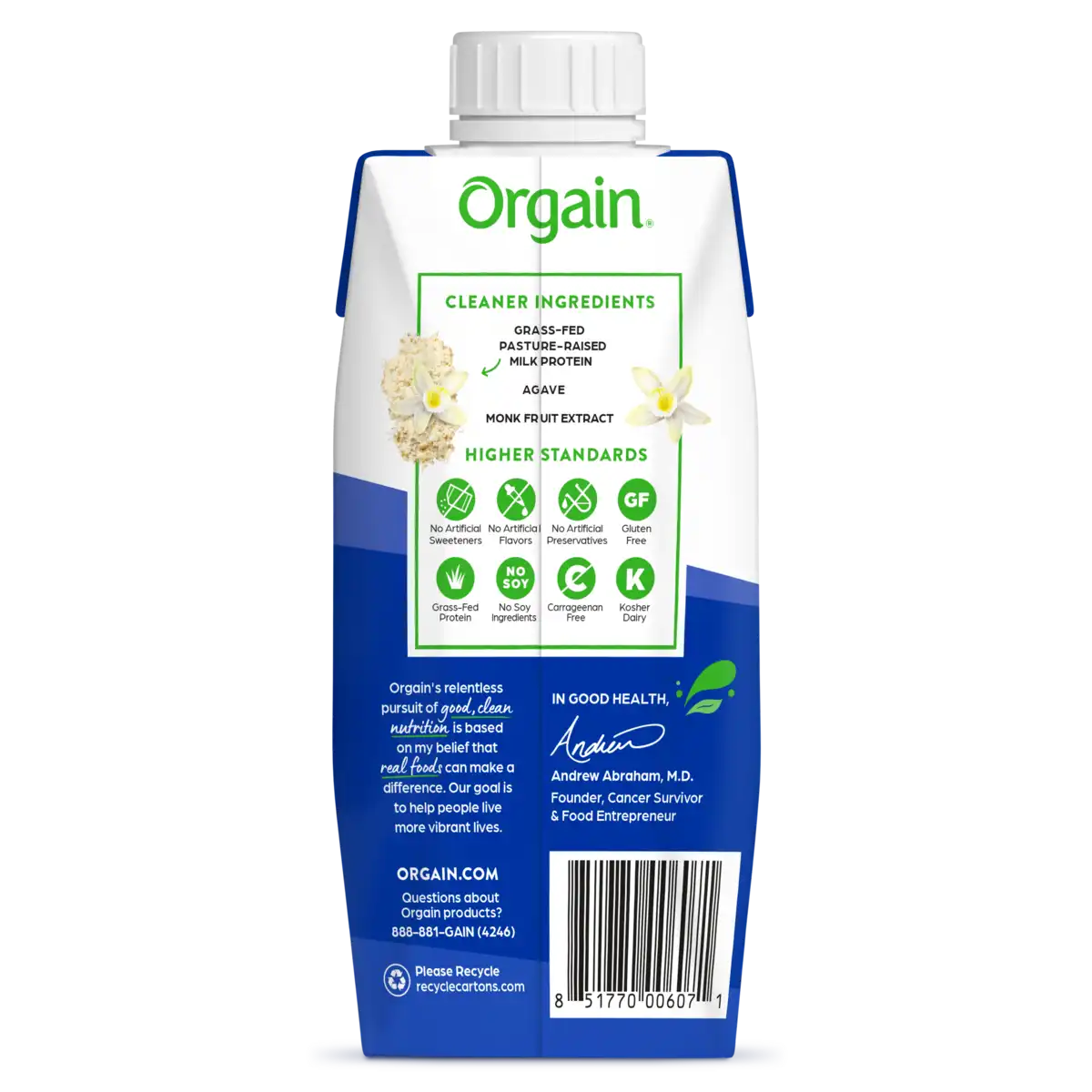 Back of 20g Clean Protein Shake Vanilla Bean Flavor in the 12 Shakes Size