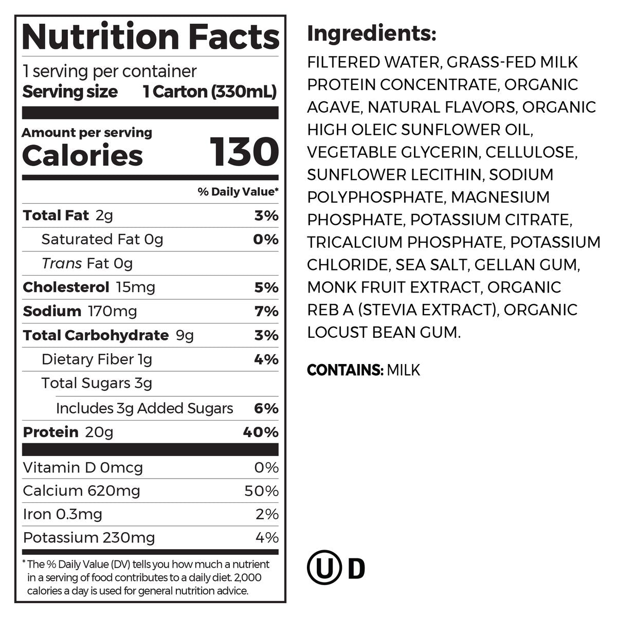 Nutrition Fact Panel and List of Ingredients for 20g clean protein shake in vanilla bean flavor