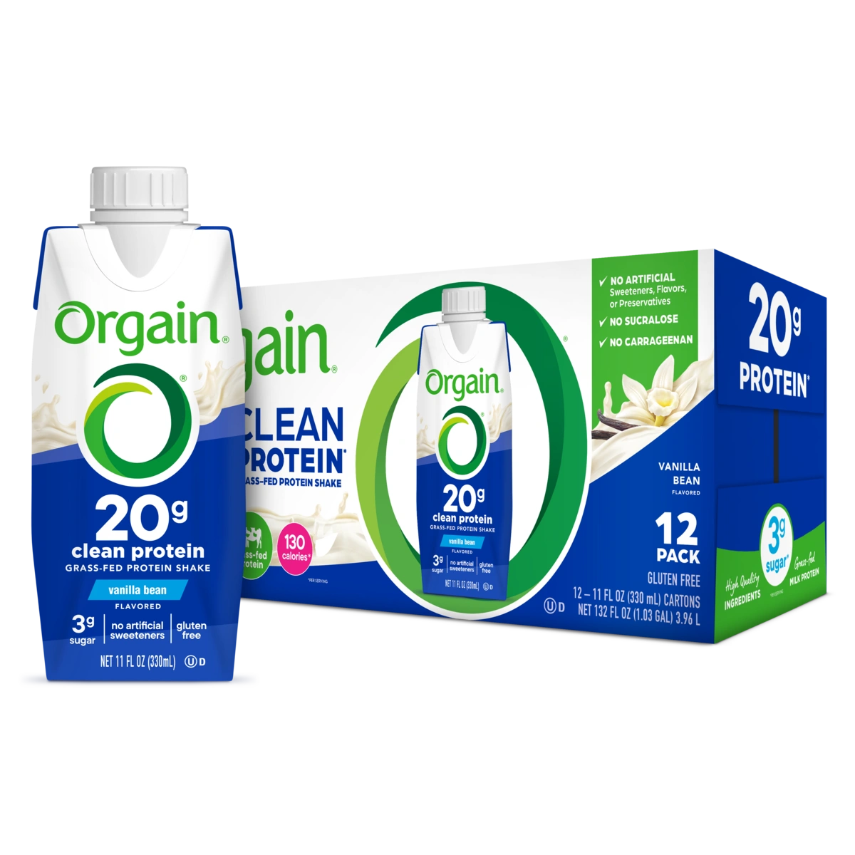 Single and case of 20g Clean Protein Shake - Vanilla Bean Flavor in the 12 Shakes Size