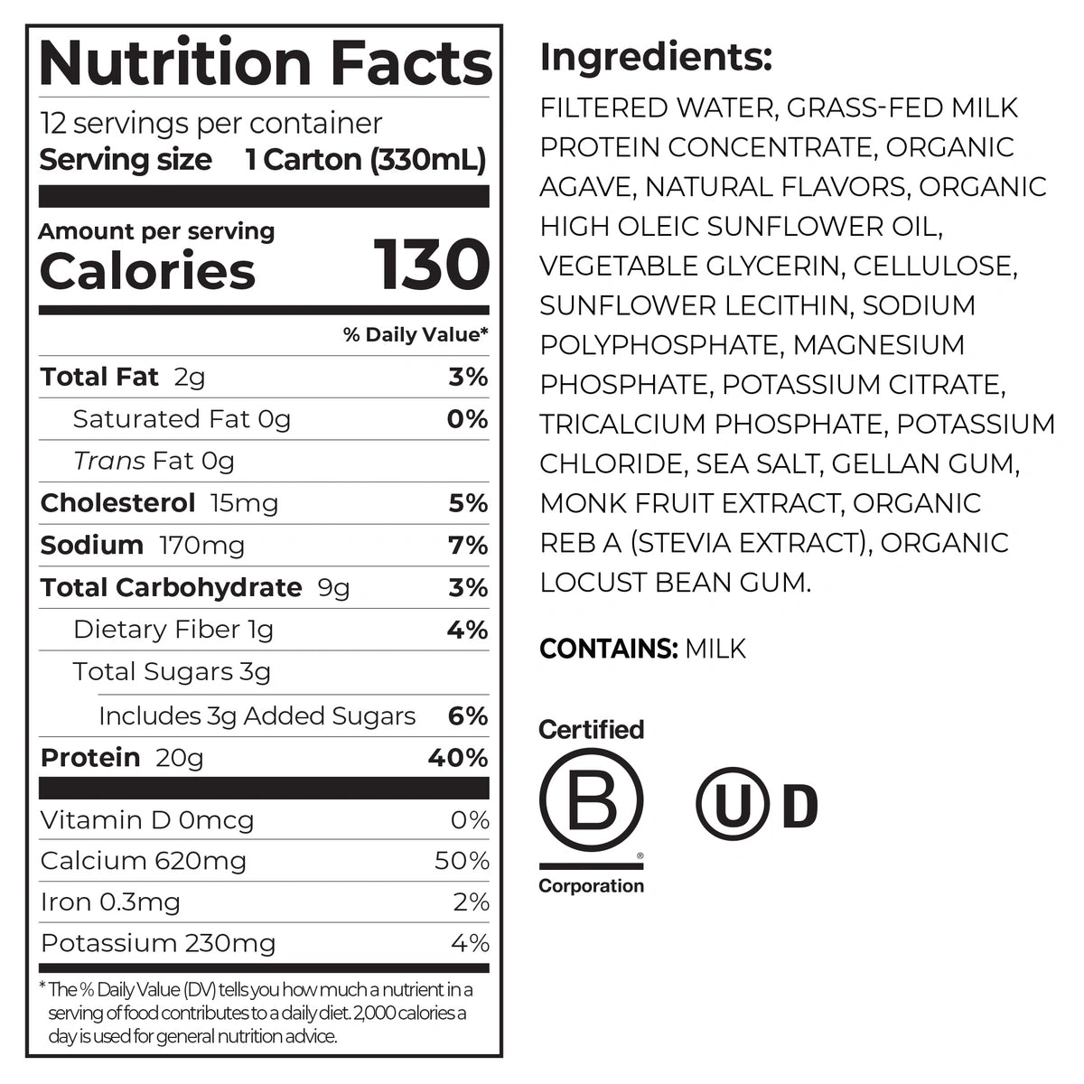 Nutrition fact panel and list of ingredients of 20g Clean Protein Shake - Vanilla Bean Flavor in the 12 Shakes Size