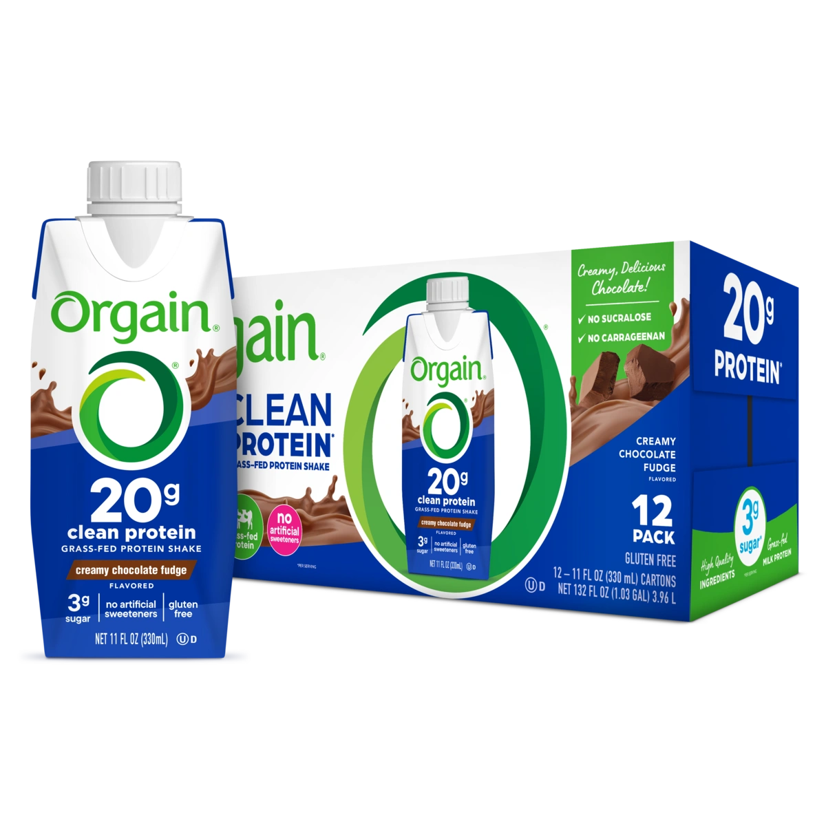Single and case of 20g Clean Protein Shake Creamy Chocolate Fudge Flavor in the 12 Shakes Size