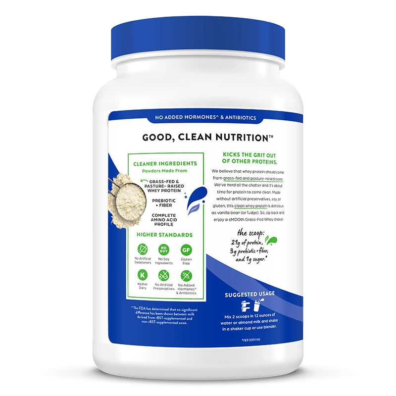 Left side of Grass Fed Whey Protein Powder - Vanilla Bean  Flavor in the 1.82lb Canister Size