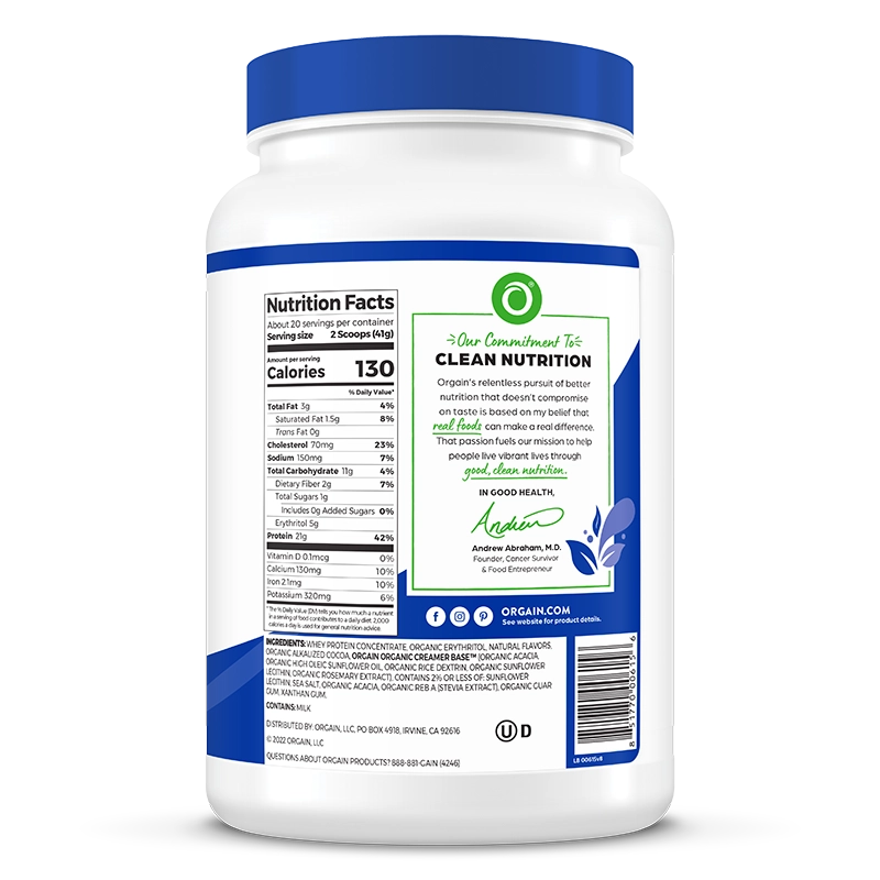 Right side of Grass Fed Whey Protein Powder Creamy Chocolate Fudge Flavor in the 1.82lb Canister Size