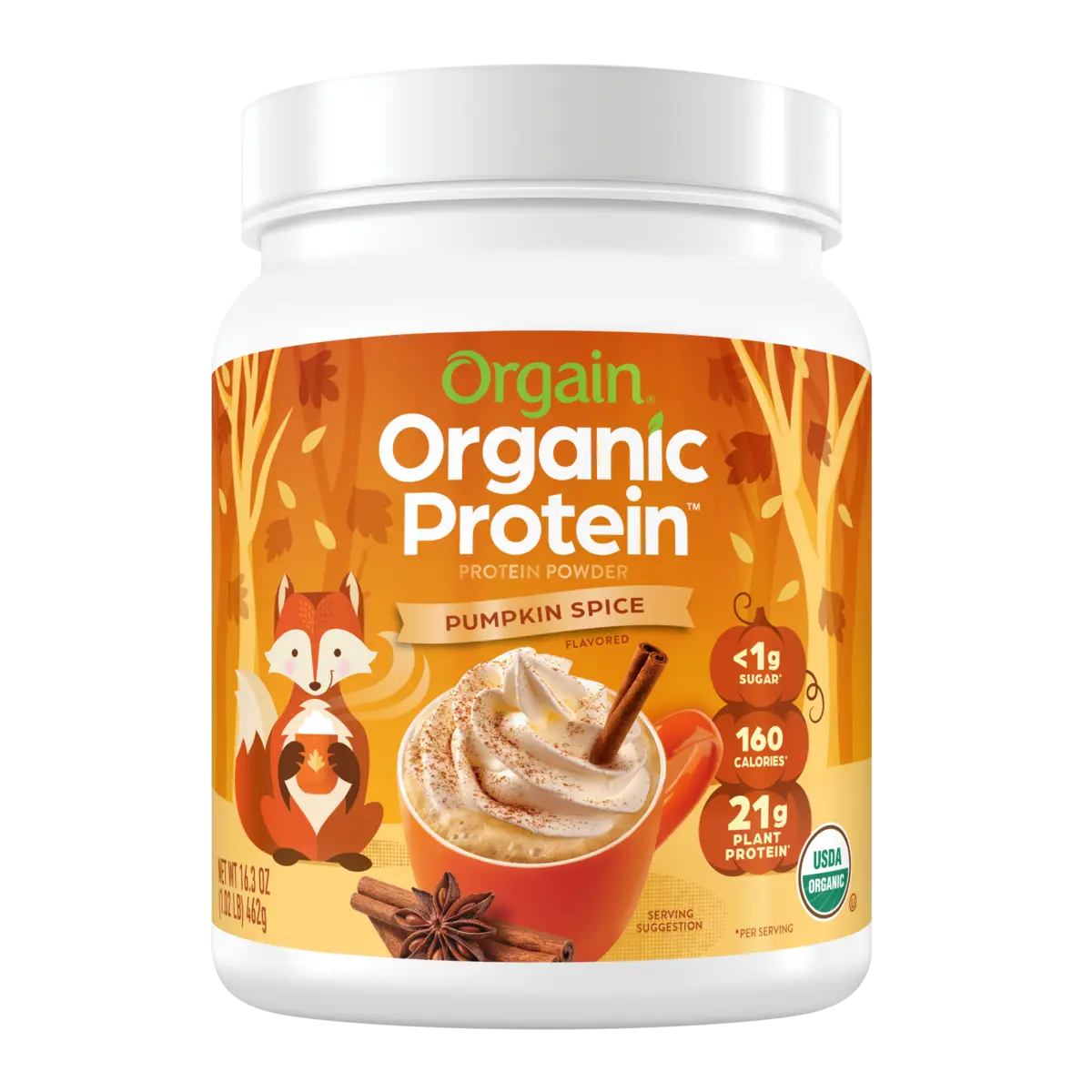 Front of Orgain Organic Protein Powder in the pumpkin spice flavor