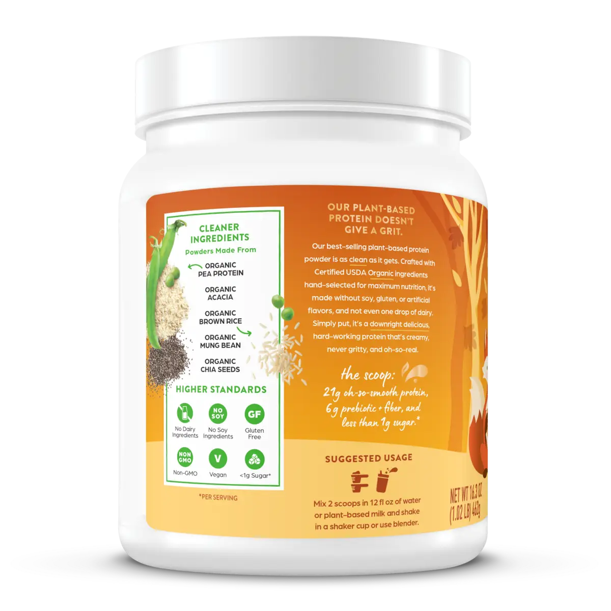 Left side of Orgain Organic Protein Powder in the pumpkin spice flavor
