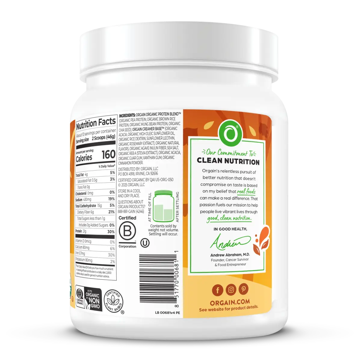 Right side of Orgain Organic Protein Powder in the pumpkin spice flavor