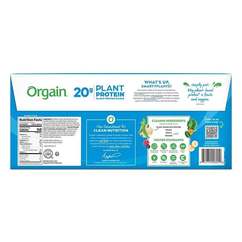 Back of 20g Plant-Based Protein Shake Creamy Chocolate Flavor in the 12 Shakes Size