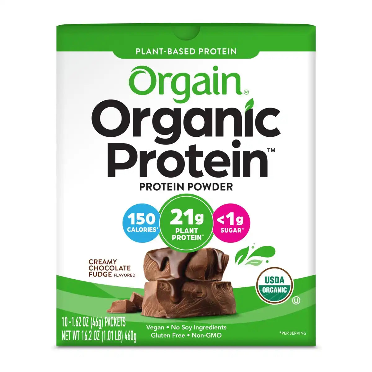 front view of Orgain organic protein powder chocolate flavor in 10-pack single serve size