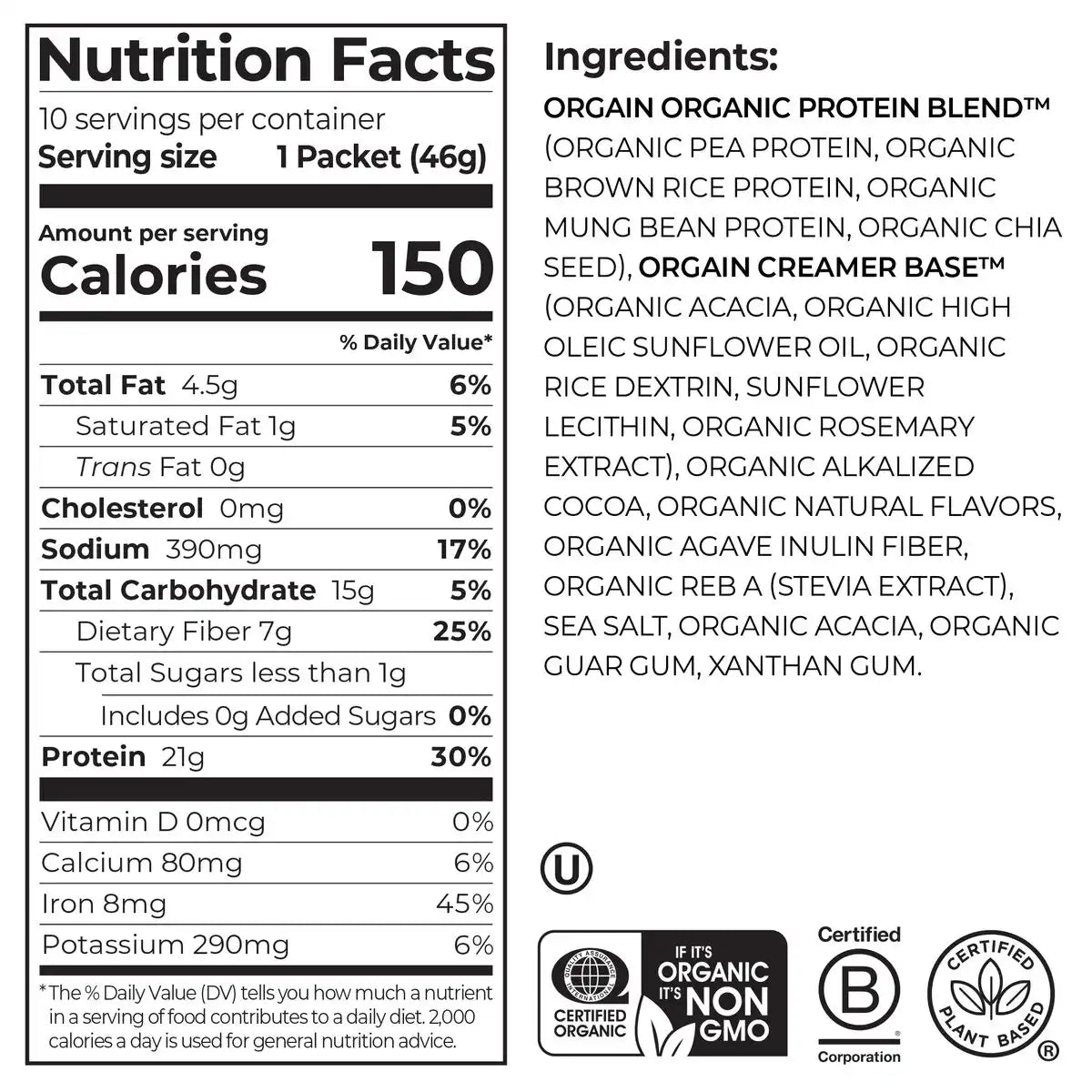 Angle view of Orgain organic protein powder chocolate flavor in 10-pack single serve size