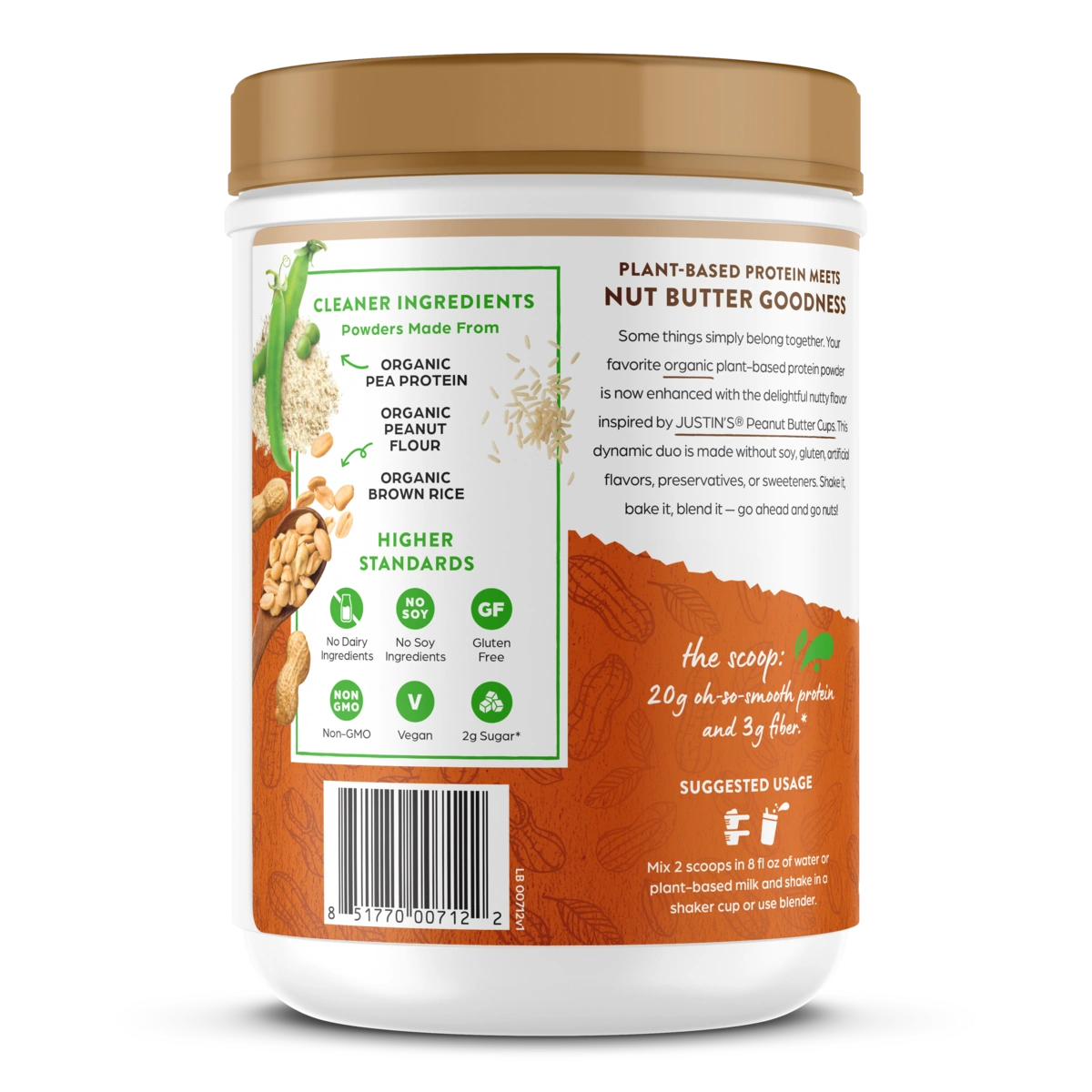 Left side of Orgain Nut Butter Protein Plant & Nut Protein Powder in the peanut butter flavor
