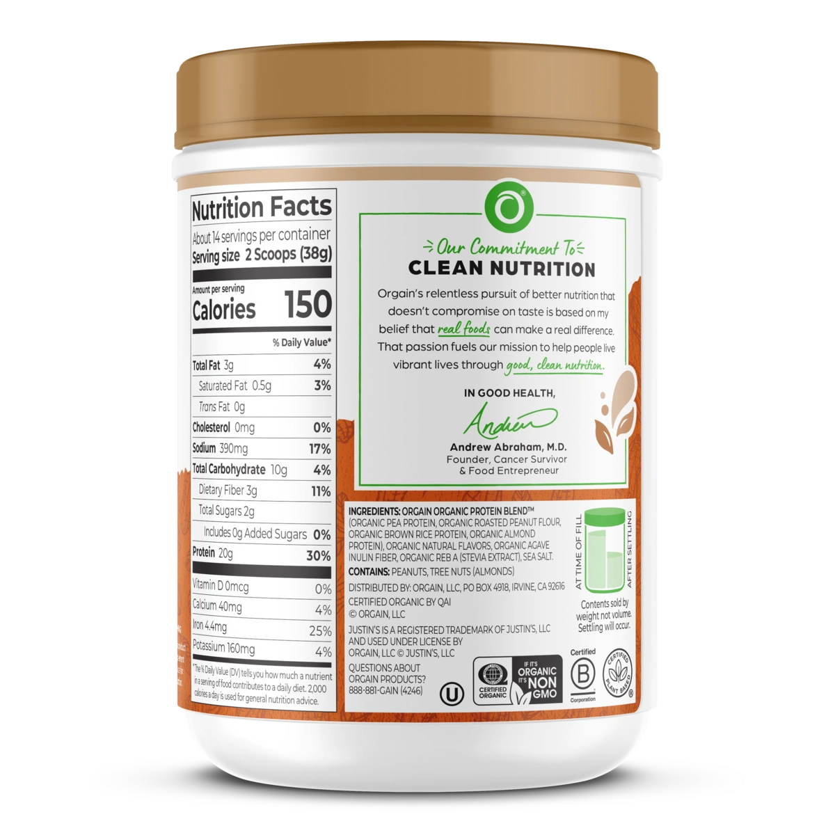 Right side of Orgain Nut Butter Protein Plant & Nut Protein Powder in the peanut butter flavor