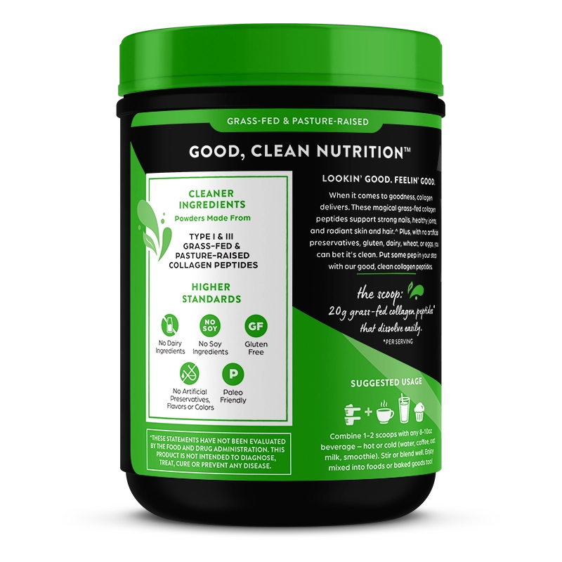 Left side of Grass Fed Pasture Raised Collagen Peptides Unflavored Flavor in the 1lb Canister Size