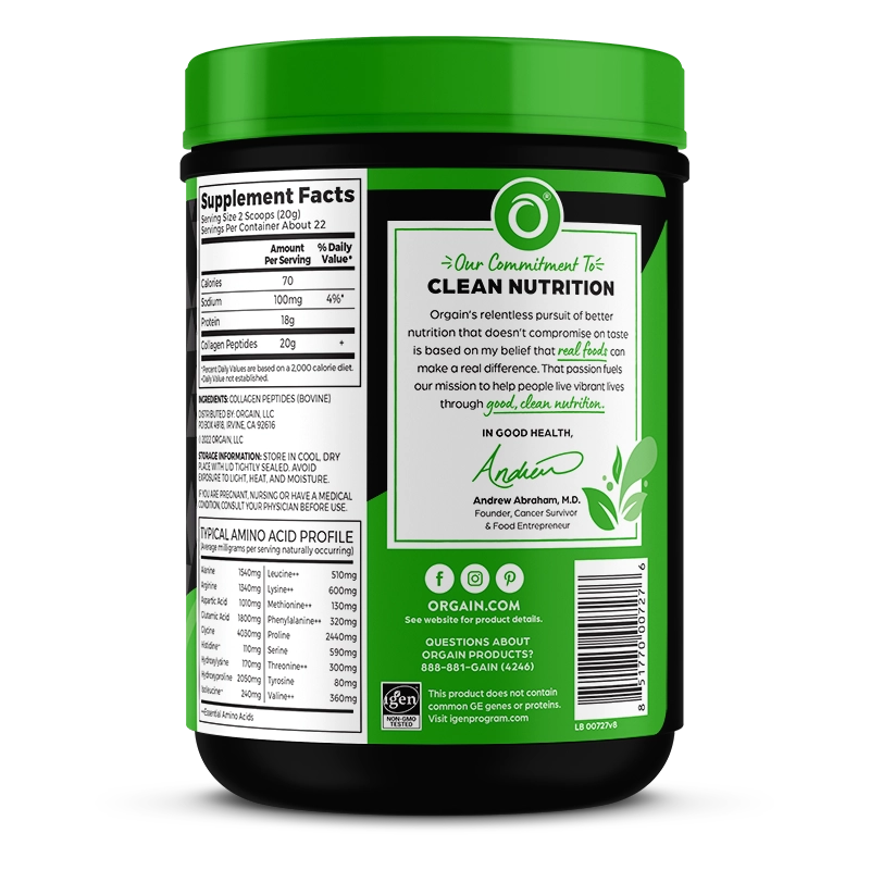 Right side of Grass Fed Pasture Raised Collagen Peptides Unflavored Flavor in the 1lb Canister Size