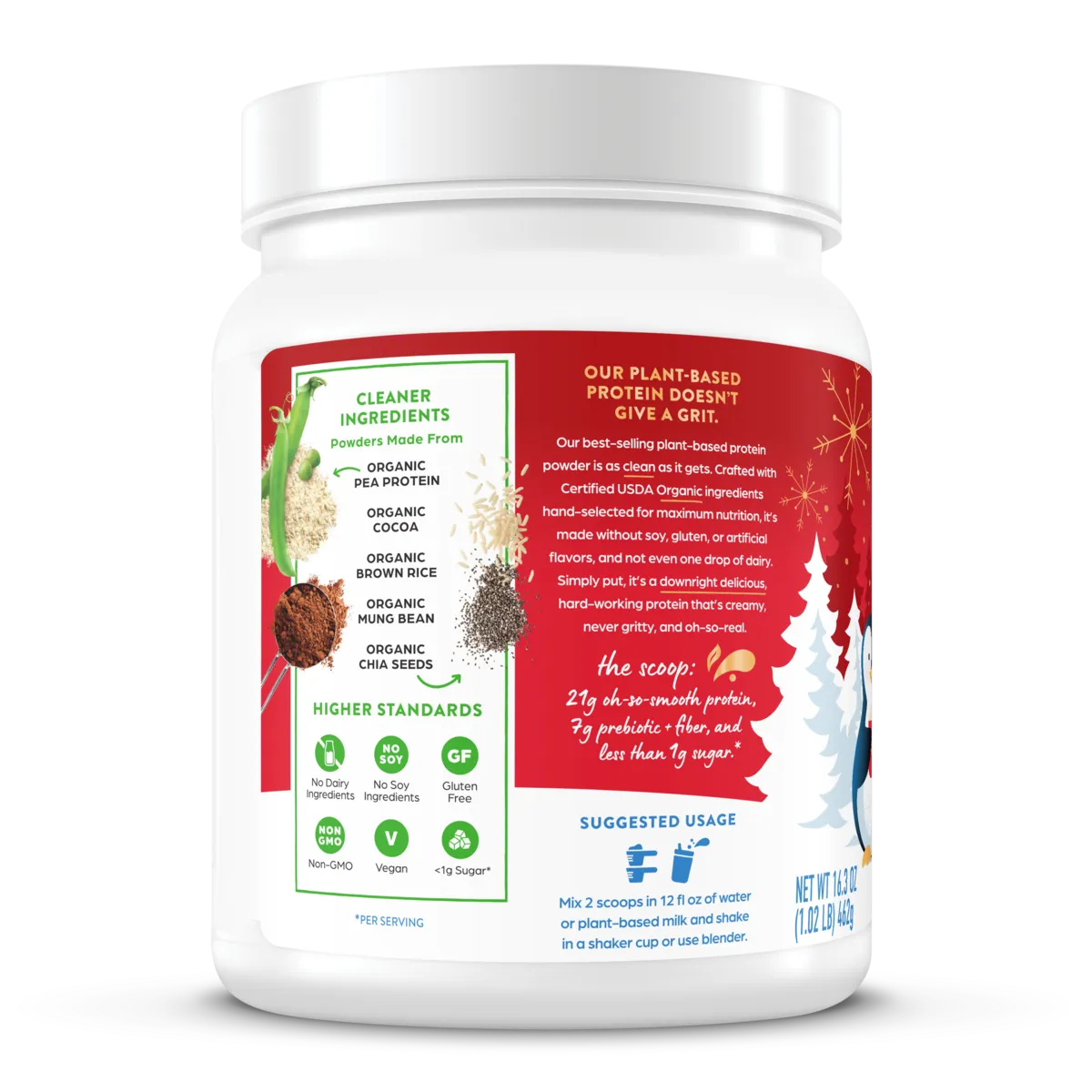Left side of Organic Protein Plant Based Protein Powder - Peppermint Hot Cocoa  Flavor in the 1.02lb Canister Size
