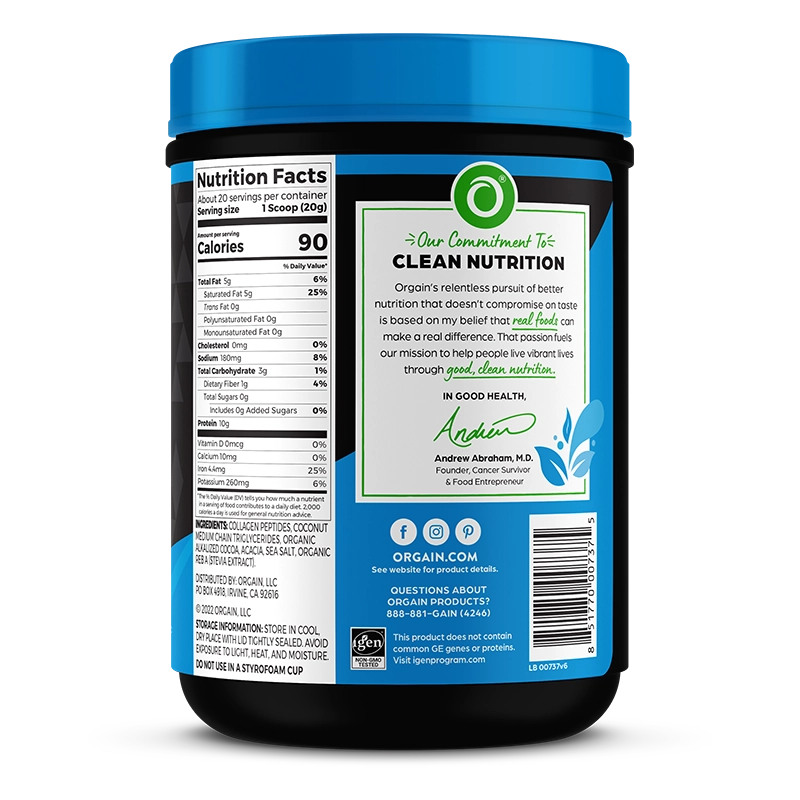 Right side of Keto Collagen Protein Powder Chocolate Flavor in the 0.88lb Canister Size