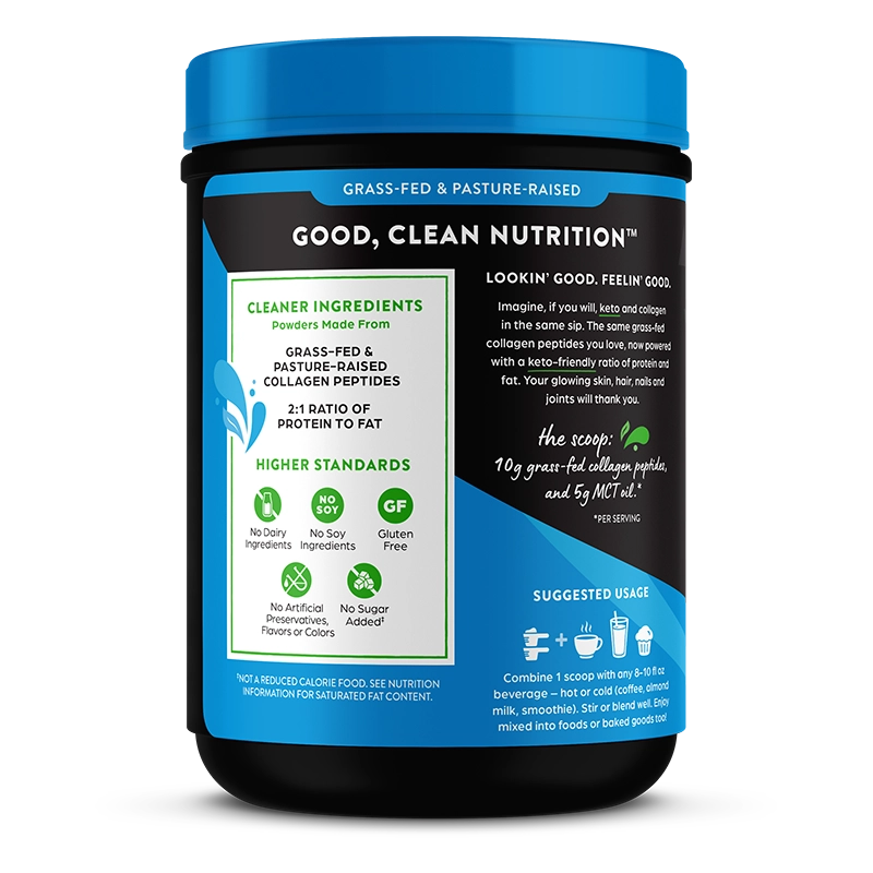 Left side of Keto Collagen Protein Powder - Vanilla  Flavor in the 0.88lb Canister Size