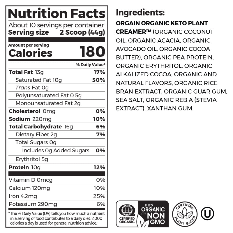 Nutrition fact panel and list of ingredients of Keto Plant Protein Organic Keto-genic Protein Powder Chocolate Flavor in the 0.97lb Canister Size