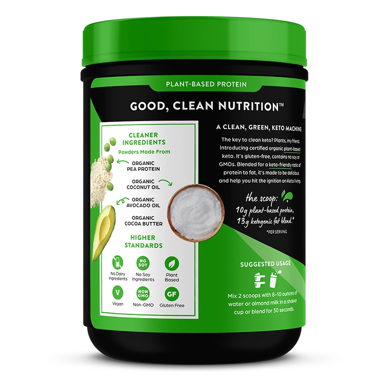Left side of Keto Plant Protein Organic Keto-genic Protein Powder Chocolate Flavor in the 0.97lb Canister Size