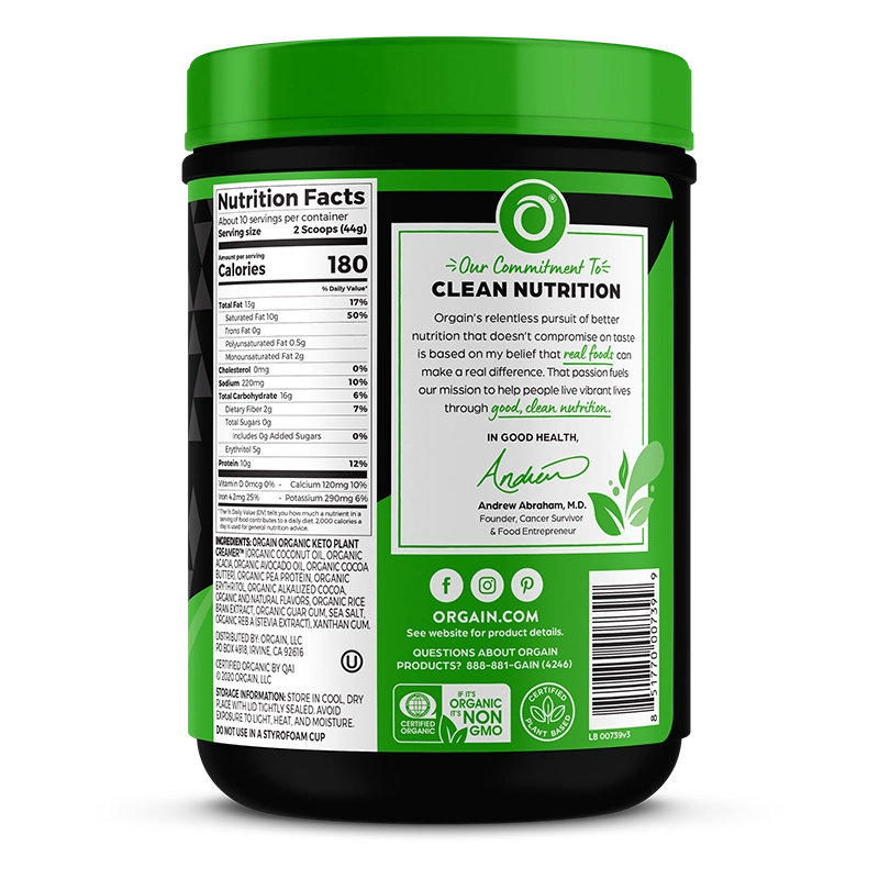 Right side of Keto Plant Protein Organic Keto-genic Protein Powder Chocolate Flavor in the 0.97lb Canister Size