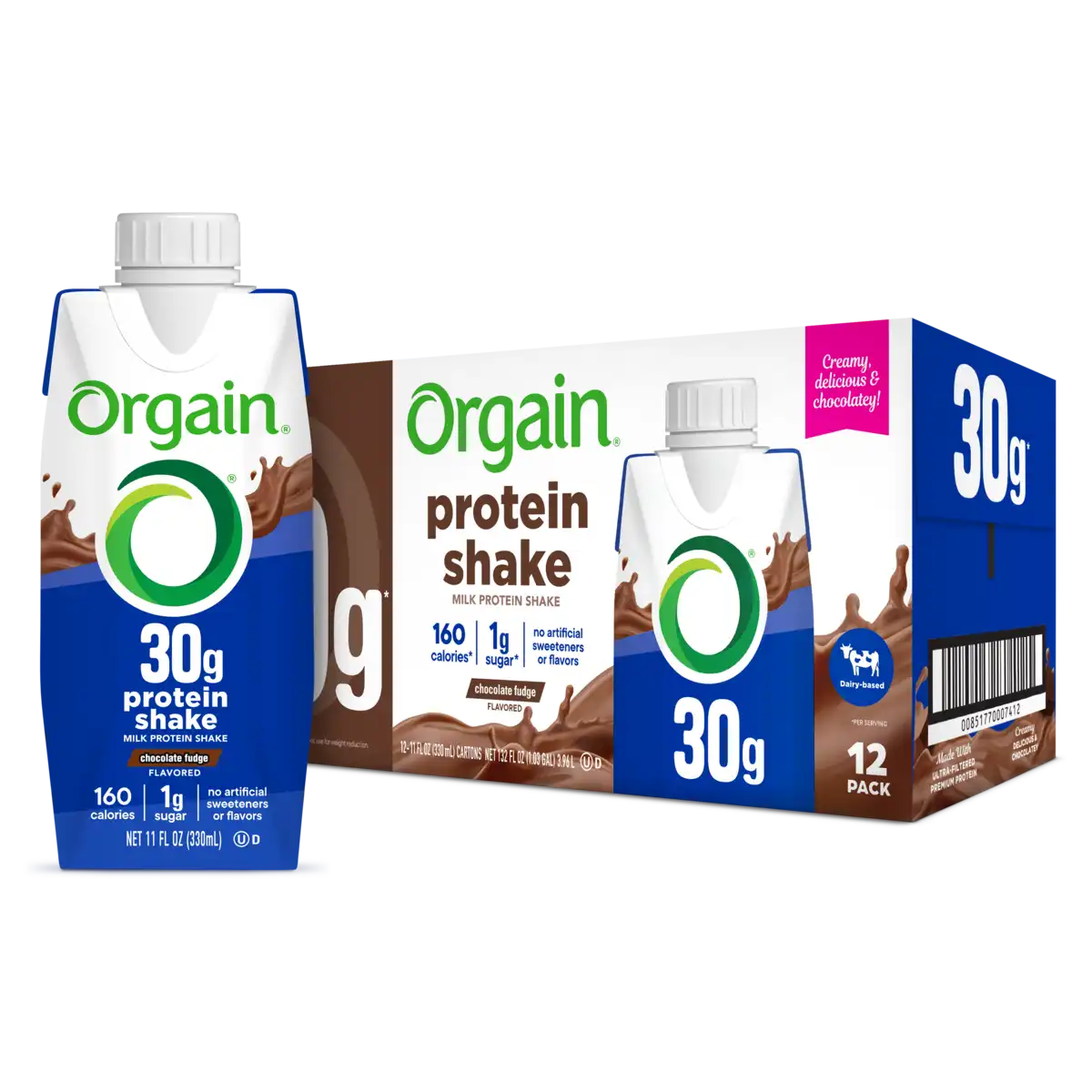 Front of 30g protein shake chocolate fudge flavor