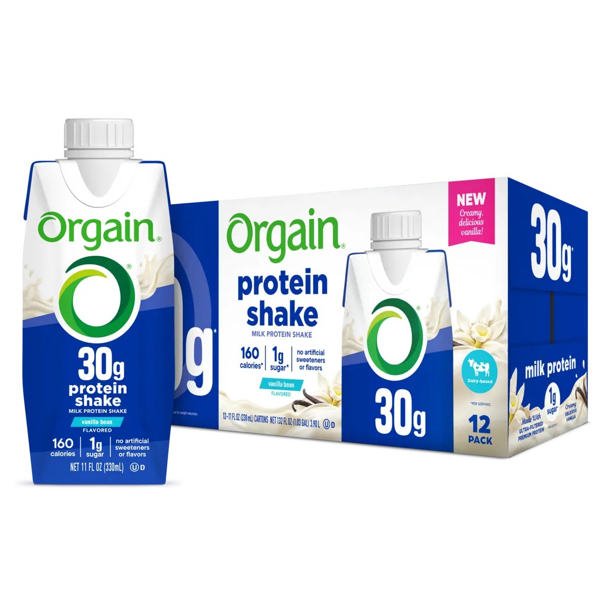 Packaging of Orgain 30g Protein Shake in Vanilla Bean flavor. The packaging is predominantly white and blue with an image of the shake bottle and the 'new' label.