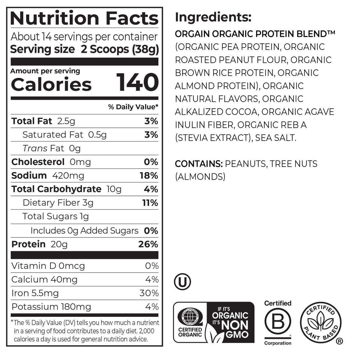 Nutrition Fact Panel and List of ingredients for Orgain Nut Butter Protein Plant & Nut Protein Powder in the dark chocolate peanut butter flavor