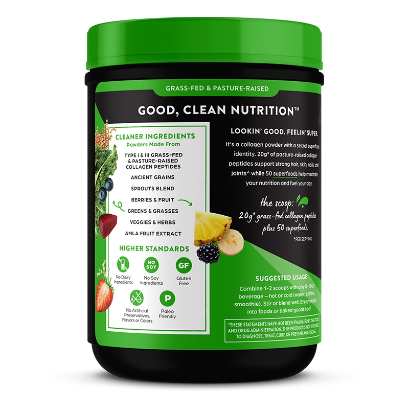 Left side of Grass-Fed Pasture Raised Collagen Peptides + Superfoods Powder Unflavored Flavor in the 1lb Canister Size