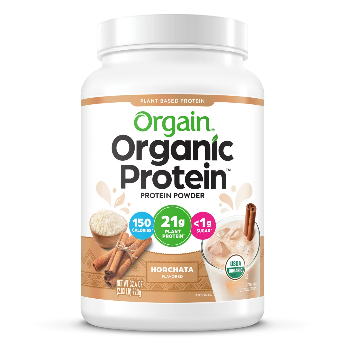 Front of Organic Protein Plant Based Protein Powder - Horchata  Flavor in the 2.03lb canister Size