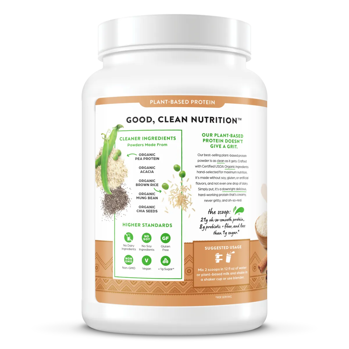 Left side of Organic Protein Plant Based Protein Powder - Horchata  Flavor in the 2.03lb canister Size