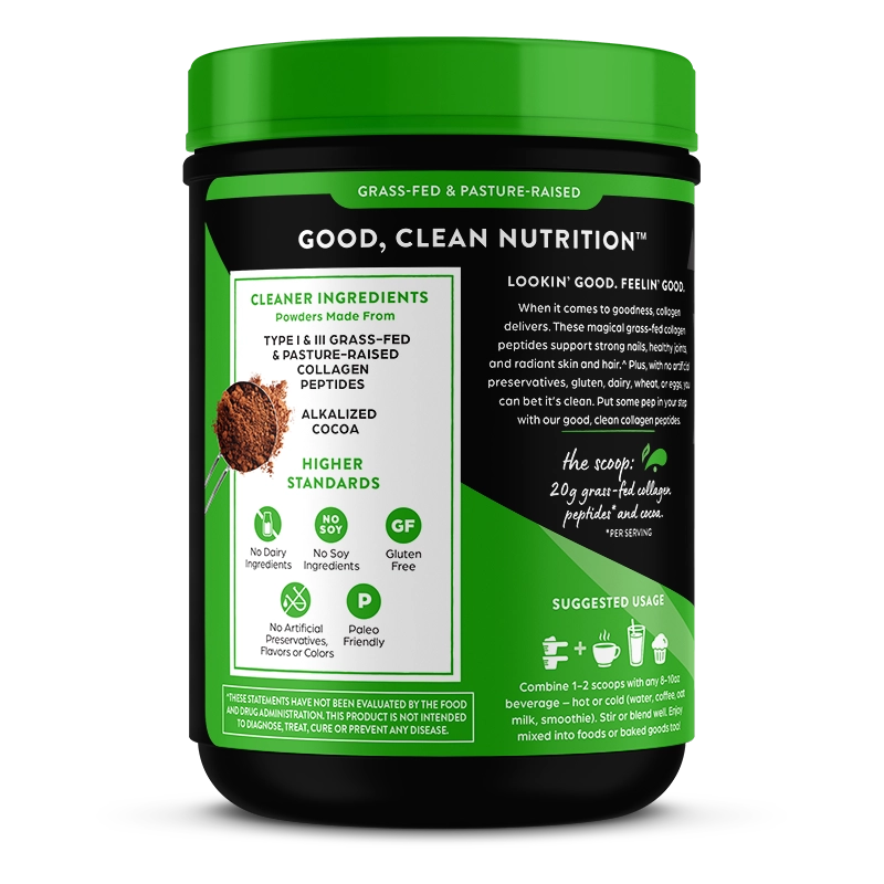 Left side of Grass Fed Pasture Raised Collagen Peptides - Chocolate  Flavor in the 1.15lb Canister Size
