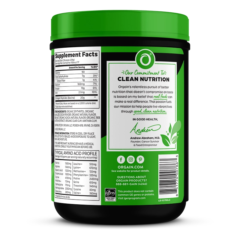 Right side of Grass Fed Pasture Raised Collagen Peptides - Chocolate  Flavor in the 1.15lb Canister Size