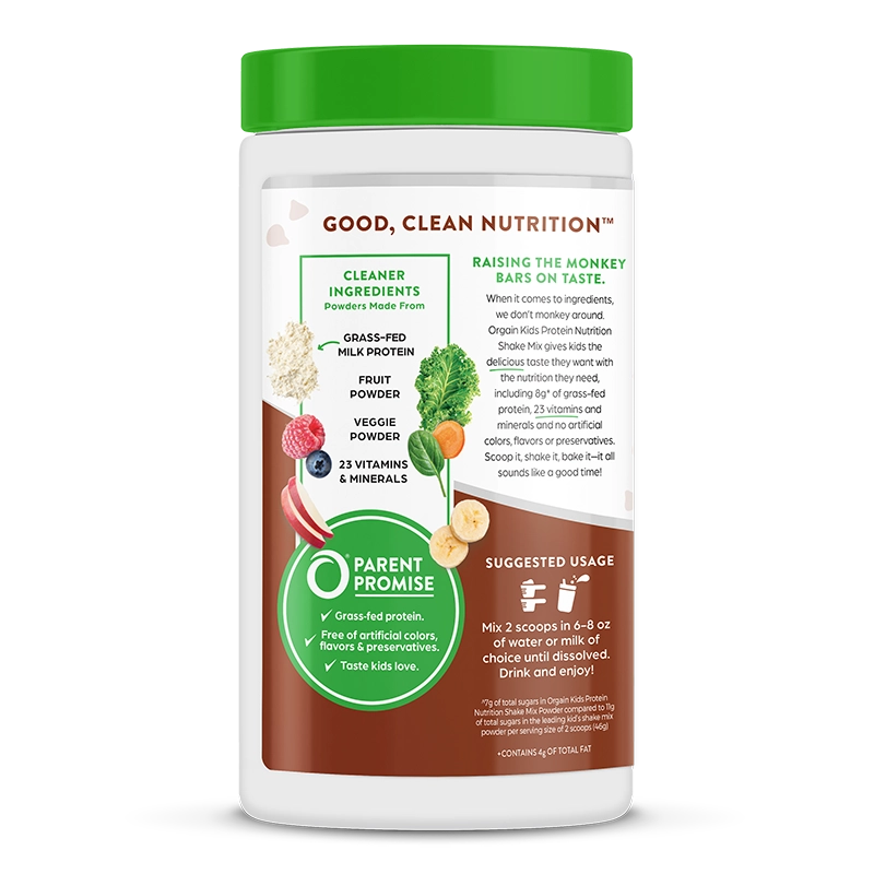 Left side of Kids Protein Nutrition Shake Mix - Chocolate Brownie  Flavor in the 16.2 oz Canister Size