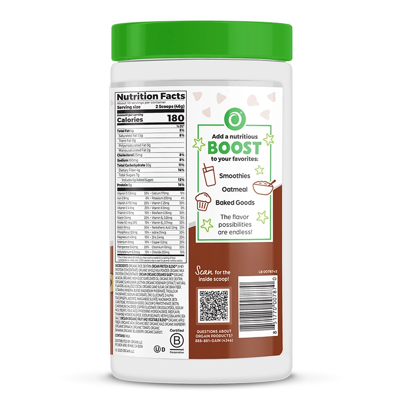 Right side of Kids Protein Nutrition Shake Mix - Chocolate Brownie  Flavor in the 16.2 oz Canister Size