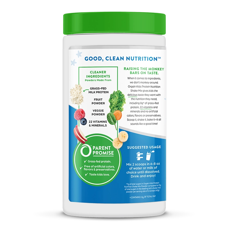 Left side of Kids Protein Nutrition Shake Mix - Vanilla Bean Ice Cream  Flavor in the 15.9 oz Canister Size