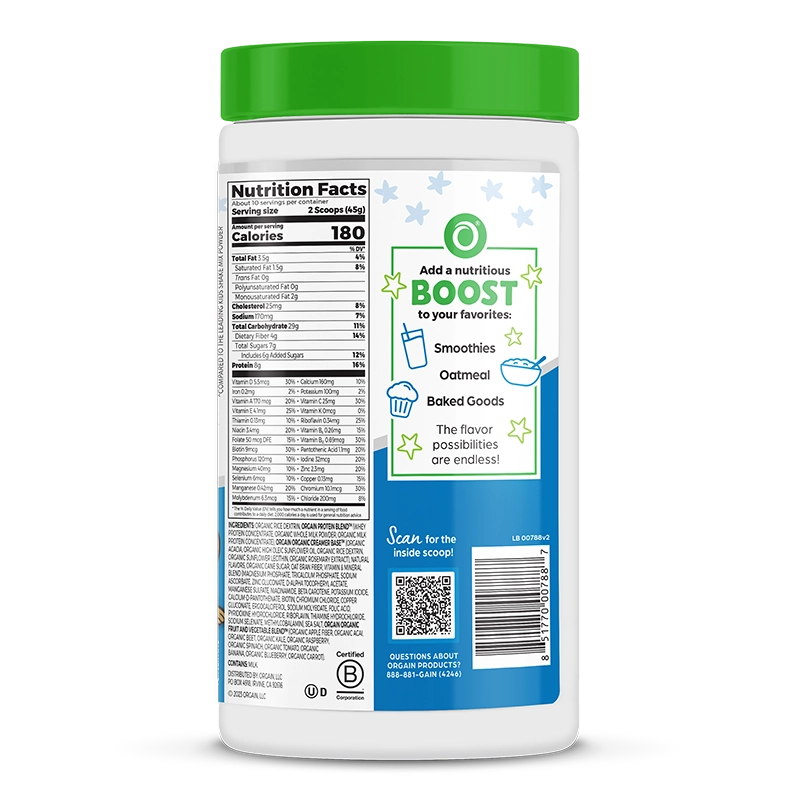 Right side of Kids Protein Nutrition Shake Mix - Vanilla Bean Ice Cream  Flavor in the 15.9 oz Canister Size