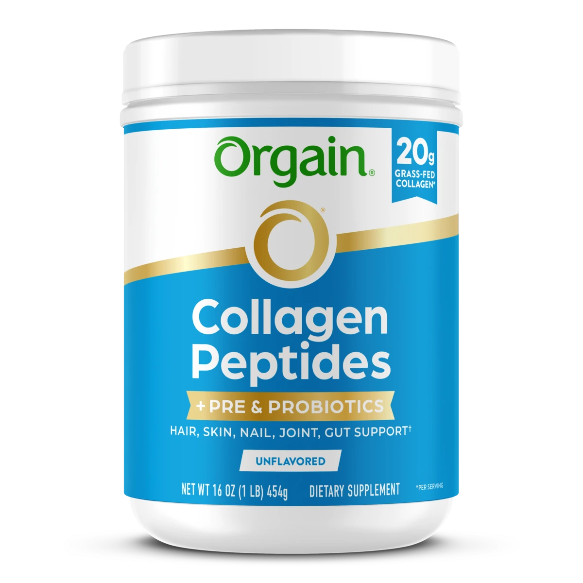 Front of Collagen Peptides + Pre & Probiotics Unflavored in a 16 oz canister