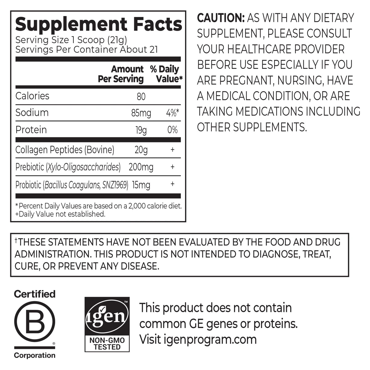 Supplement Facts for Collagen Peptides + Pre & Probiotics Unflavored in a 16 oz canister