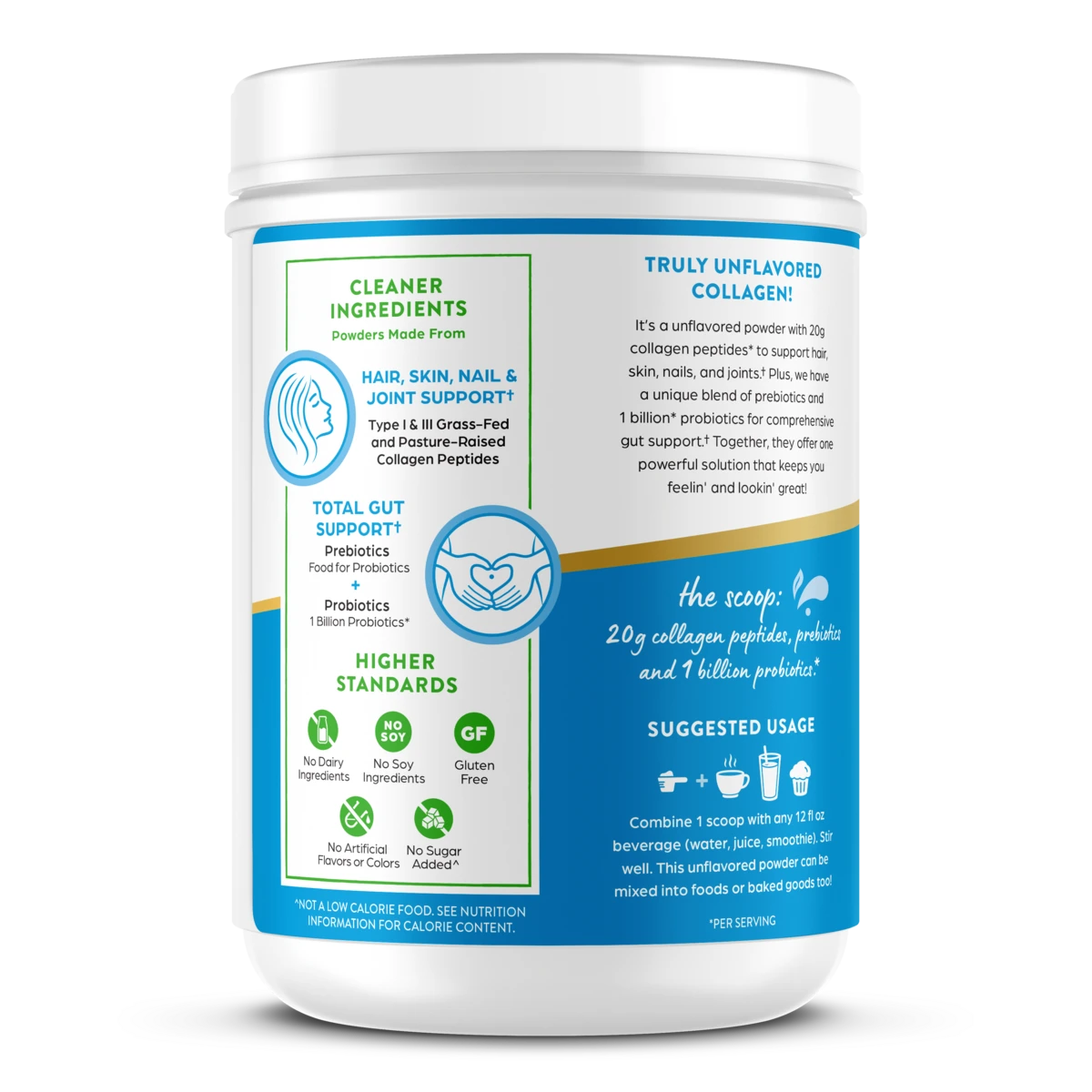 Left Side of Collagen Peptides + Pre & Probiotics Unflavored in a 16 oz canister