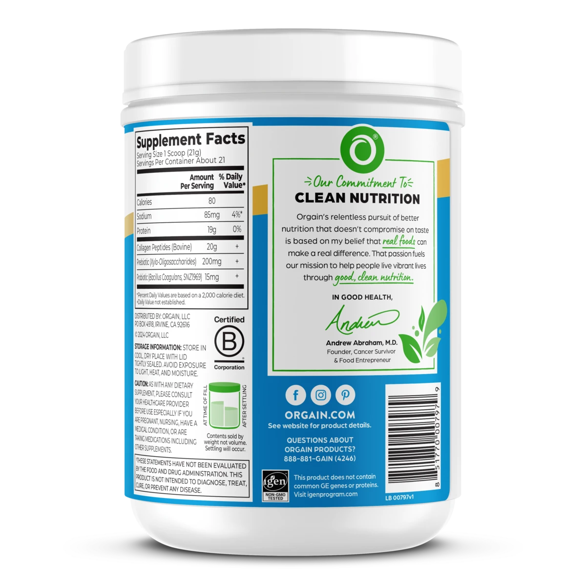 Right Side of Collagen Peptides + Pre & Probiotics Unflavored in a 16 oz canister