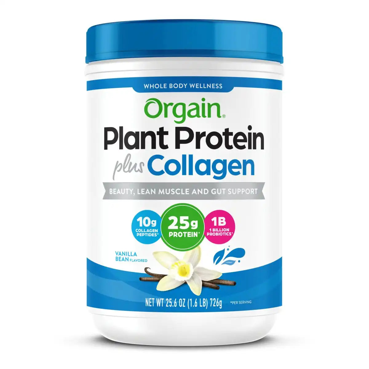 Orgain Plant Protein Plus Collagen container on a white background