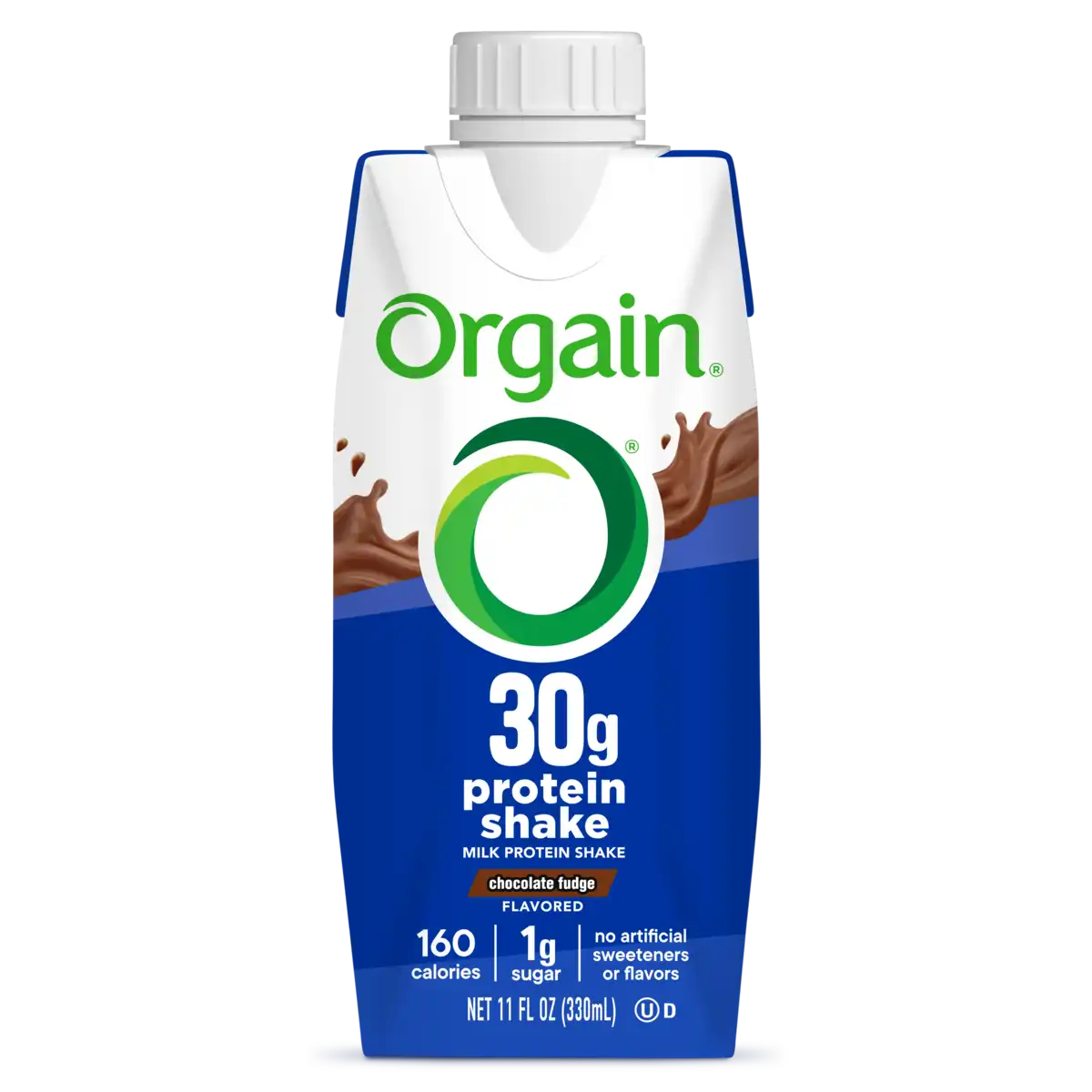 Front of 30g Protein Shake single in chocolate fudge flavor