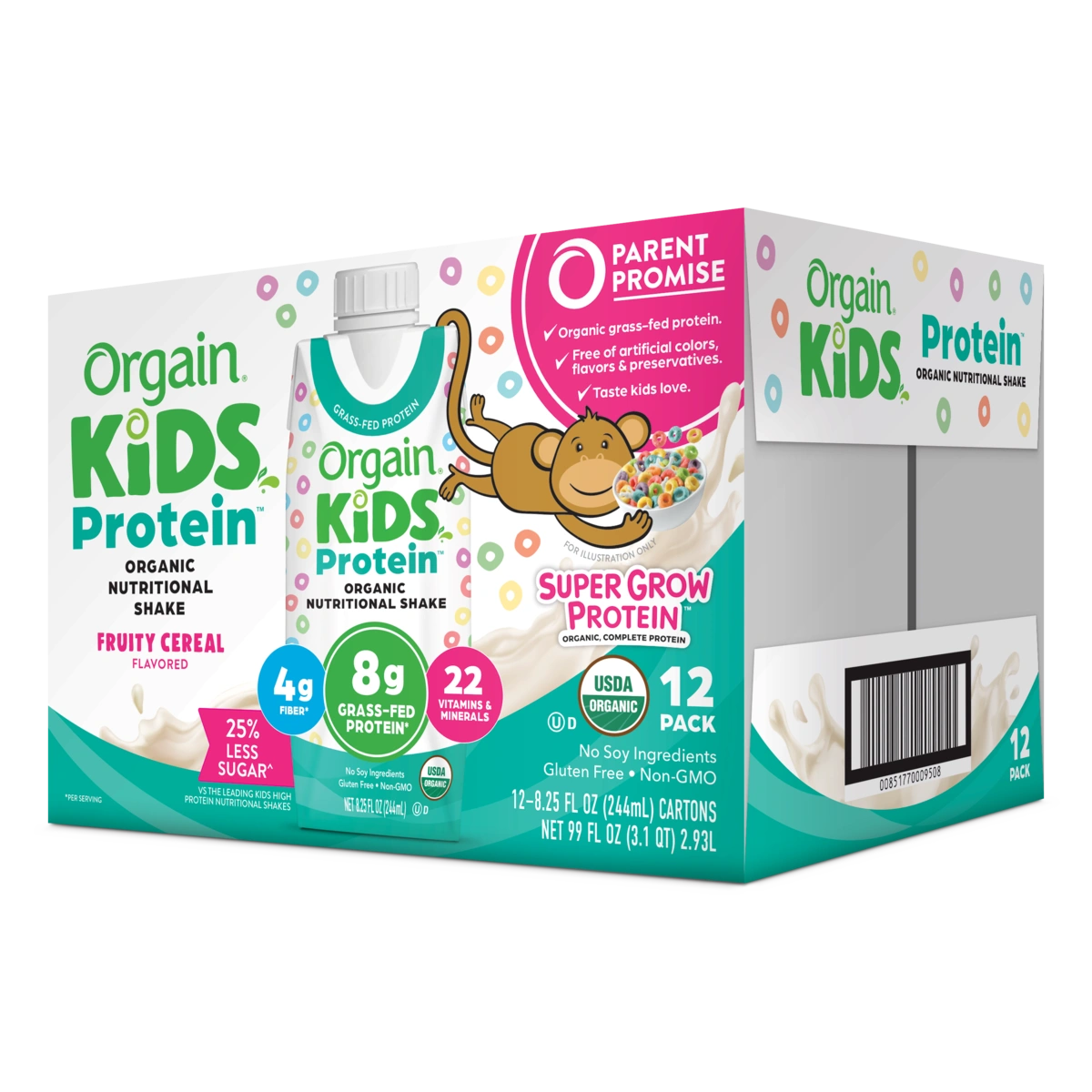 Angled Right side of Kids Protein Organic Nutrition Shake - Fruity Cereal  Flavor in the 12 Shakes Size
