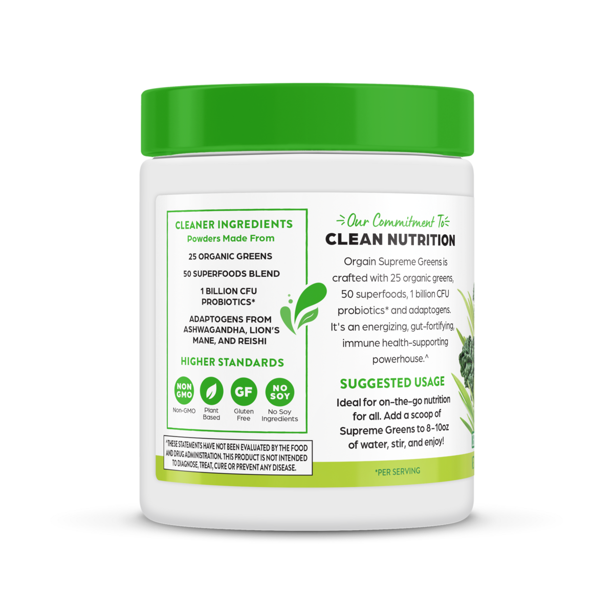 Left side of Supreme Greens - Green Apple  Flavor in the 0.53lb Canister Size