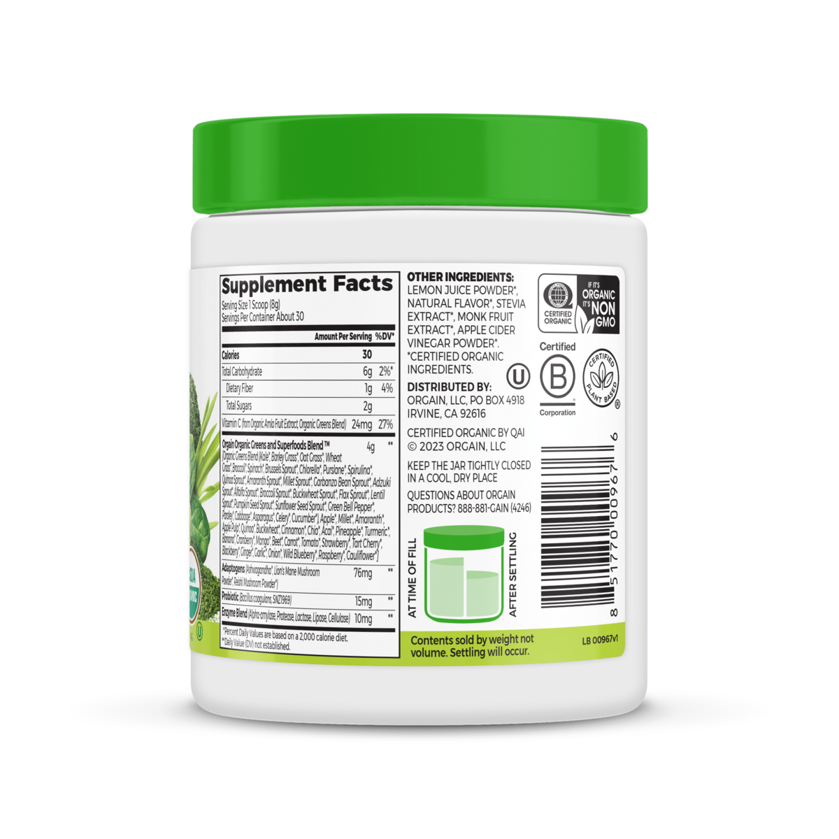 Right side of Supreme Greens - Green Apple  Flavor in the 0.53lb Canister Size