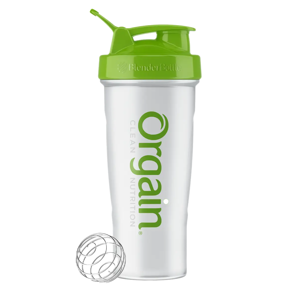 front of Orgain Classic BlenderBottle - 28oz Clear/Green Color in the 1.02lb Canister Size