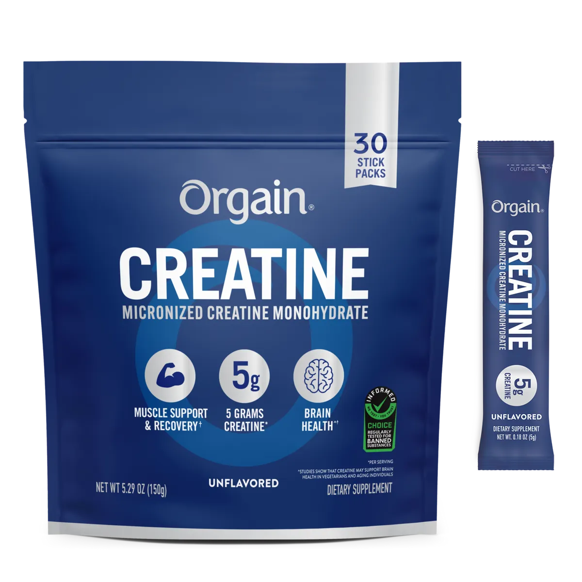 Orgain Creatine Micronized Creatine Monohydrate unflavored powder in a blue resealable stand-up pouch, shown next to a single stick pack on a white background.