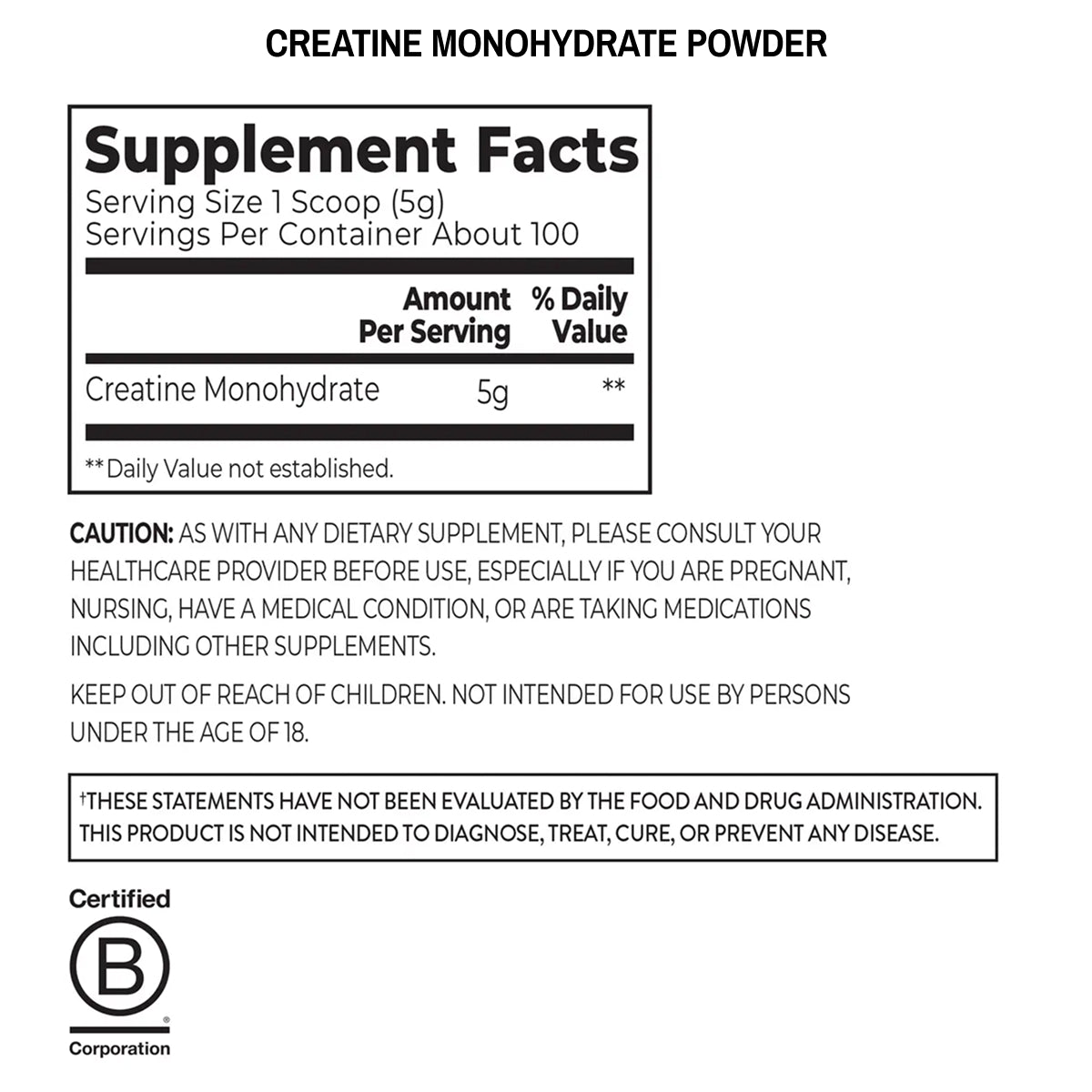 Supplement facts label for creatine monohydrate powder on a white background