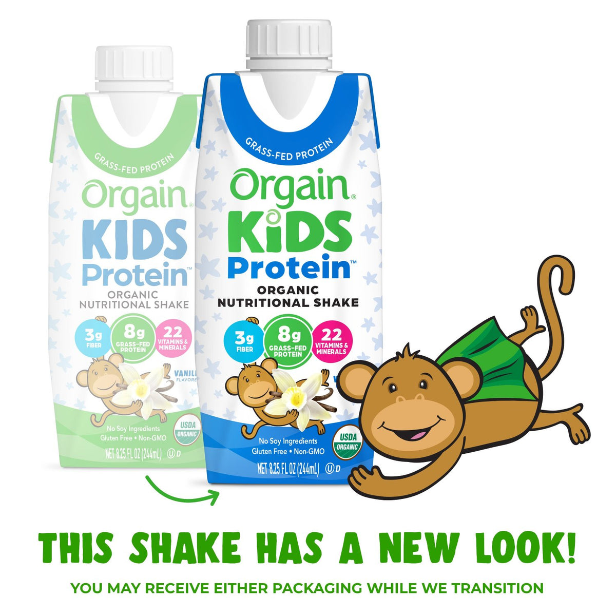 Kids Organic Nutrition shake has a new looking and you may receive either packaging while we transition