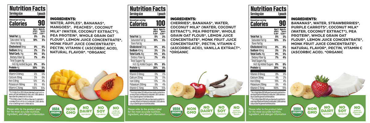 Three vertical nutrition label cards for banana milk products, each showing calories, ingredients, and a green circular badge with product info. The labels include fruit illustrations such as bananas, peaches, mangoes, watermelon, and strawberries.