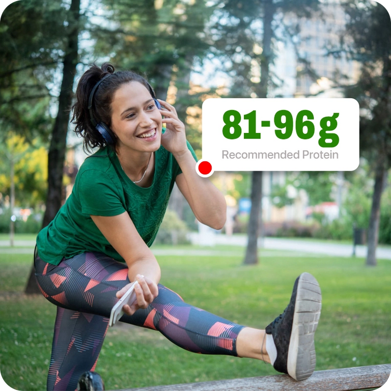 Woman stretching outdoors with a protein content label overlay